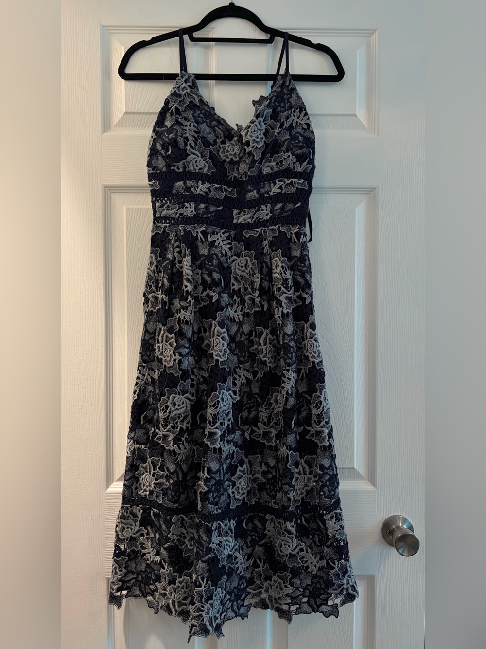 Women's Navy and White Lace Midi Dress with Spaghetti Straps